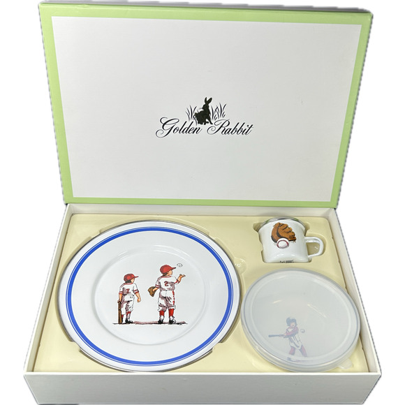 Golden Rabbit Enamelware BASEBALL 3 Piece Child's Dinner Set in Gift Box - Picture 1 of 16